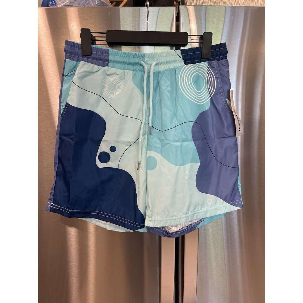 Centro Swim Trunks Men Medium Blue Abstract Print Drawstring Lined Shorts NWT